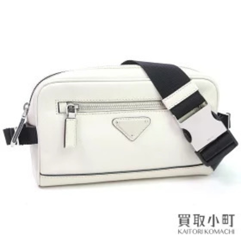 Prada Saffiano Triangle Belt Bag Talco White Leather Crossbody Waist Body